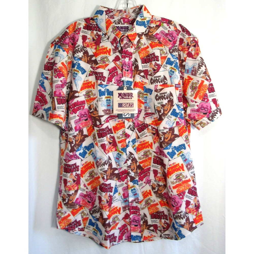 RSVLTS Monster Cereals Cereal Boxes Short Sleeve Button Down Shirt Size M NWT
